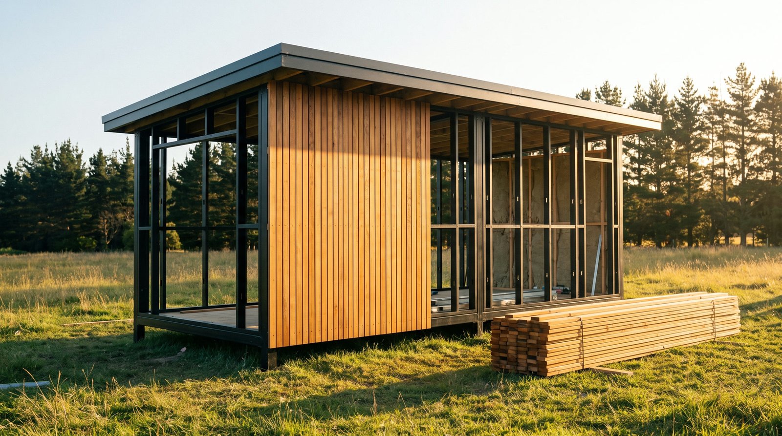 The same building part clad in timber battens, with the insulated wall build up still visible on the open half.