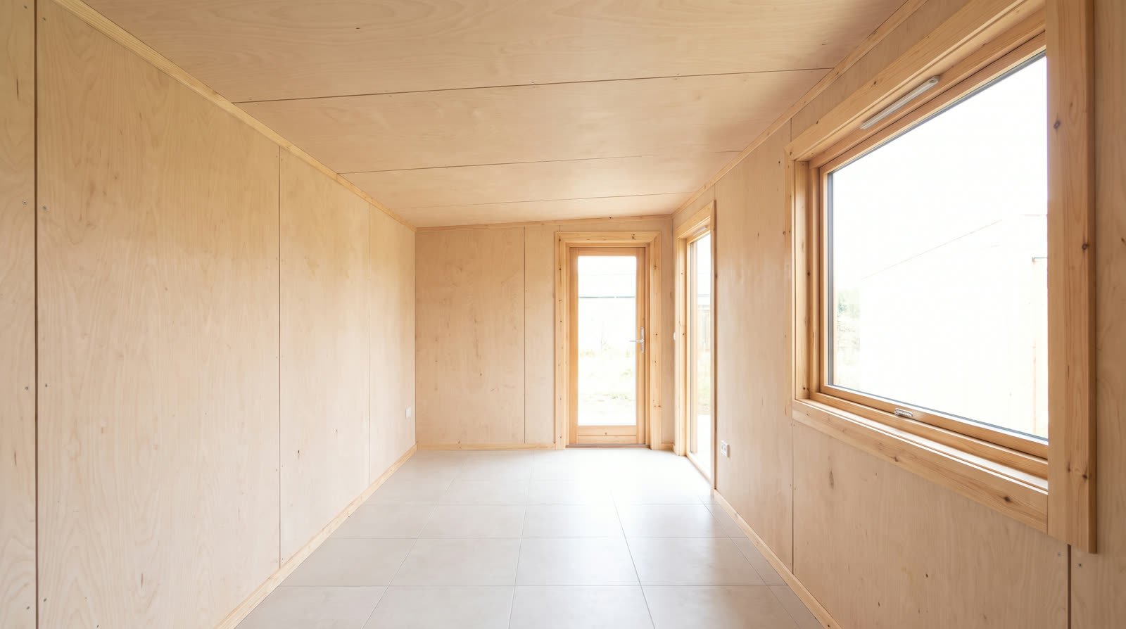 The same interior once lined, with pale plywood walls and ceiling and the floor tiled, standing empty.