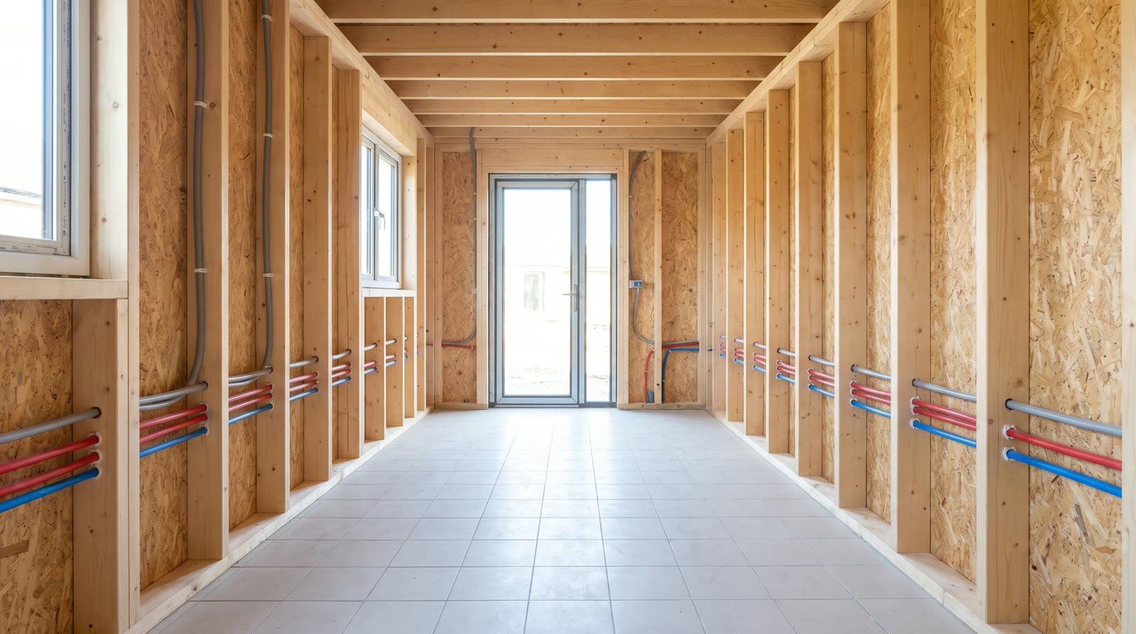 Inside the building during construction, with electrical conduit and water pipe runs threaded neatly through the exposed timber studwork.