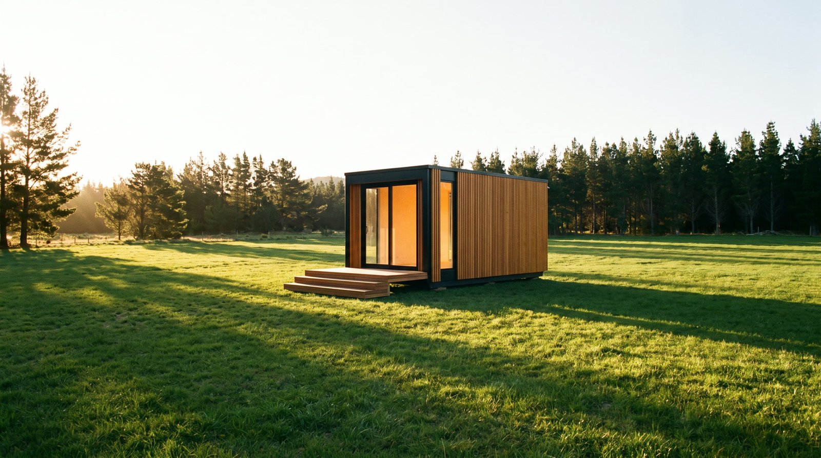 A finished MODU home standing in an open meadow with a pine treeline behind it.