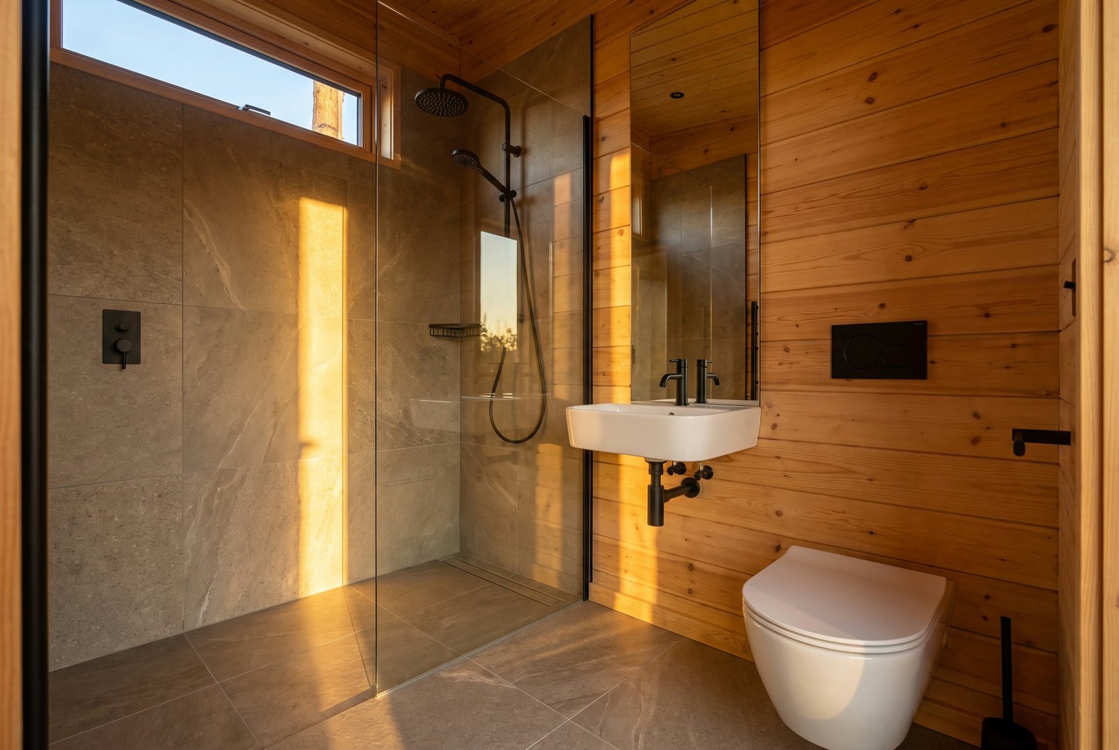 Bathroom with a walk in shower behind glass, stone tiles, a wall hung basin and matt black fittings.