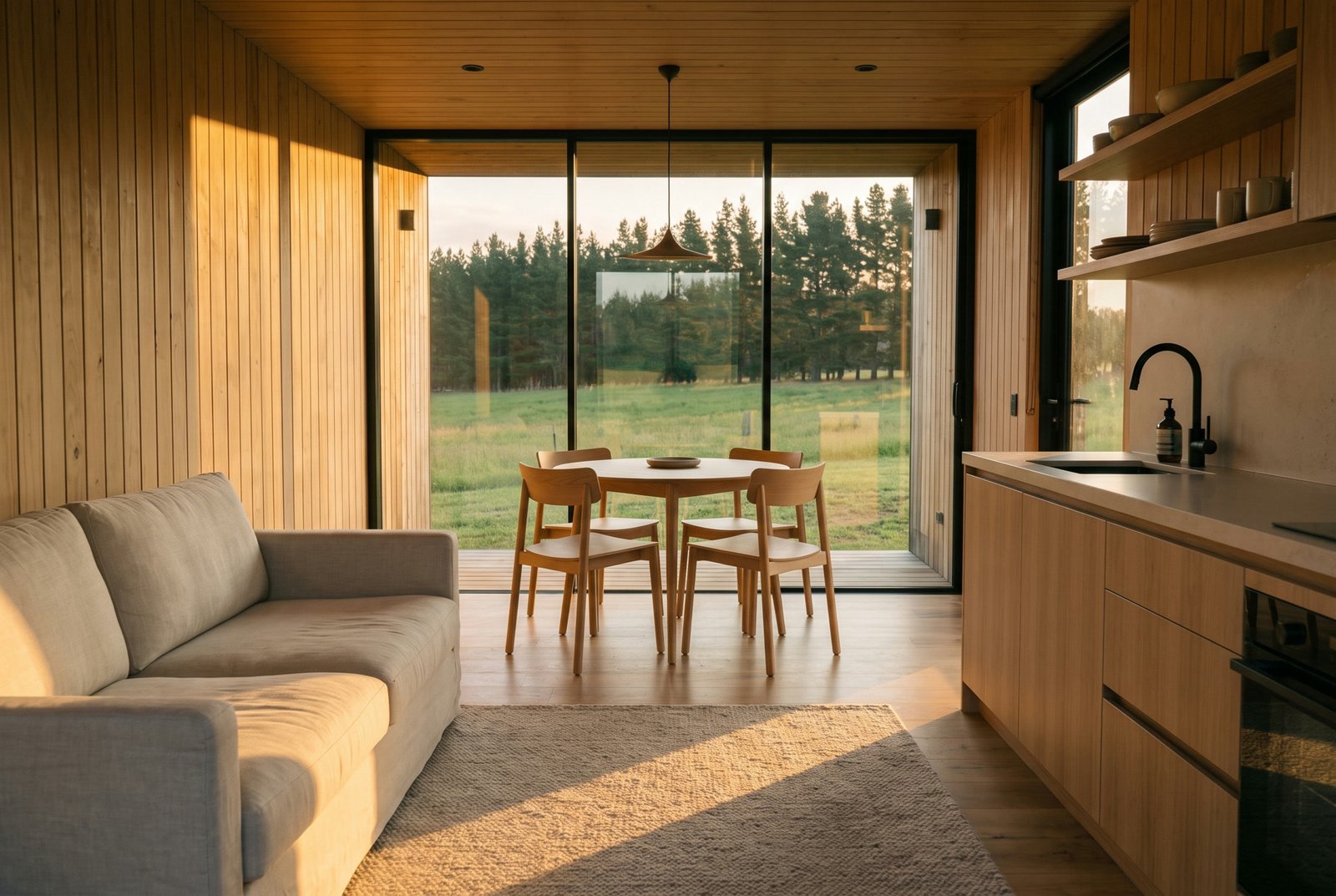Living space with a linen sofa, round timber dining table and a kitchen run along one wall, lit by late afternoon sun.