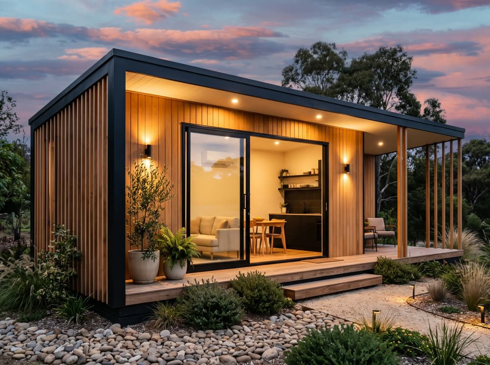 Garden Home: horizontal timber cladding with a black steel frame, a vertical fin screen and a covered deck, lit warm at dusk.