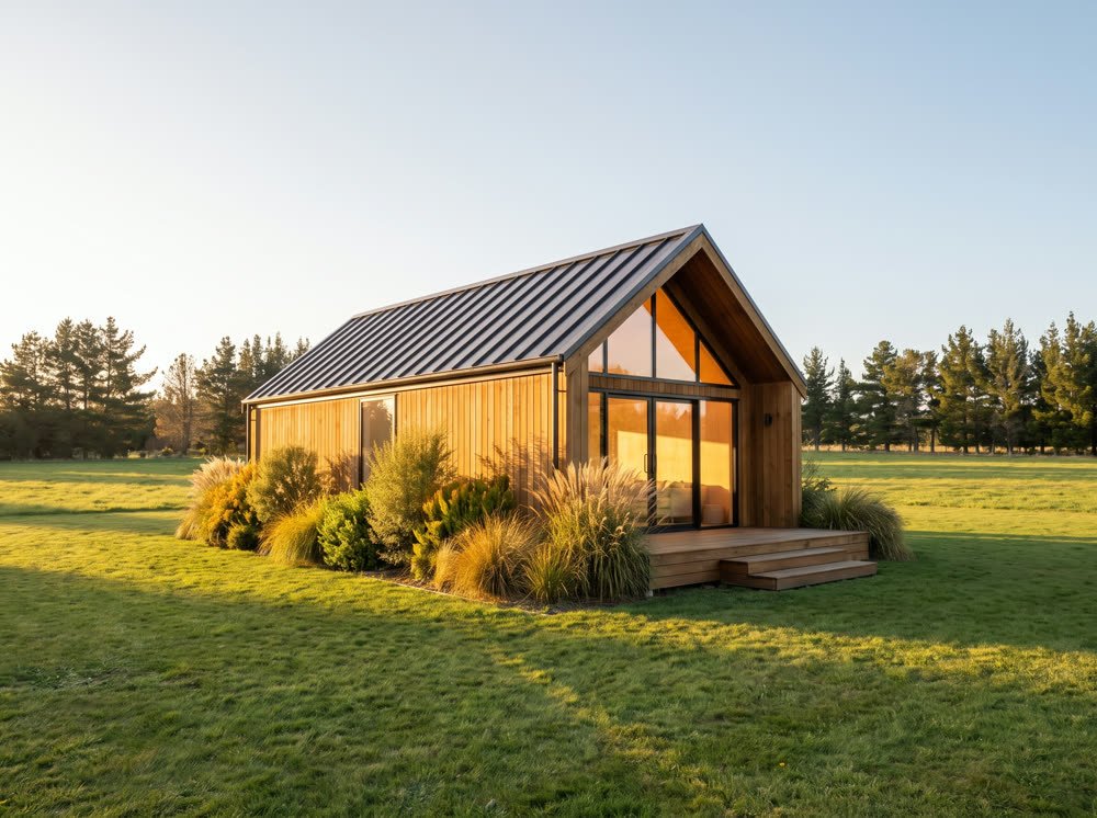 Nature Home: a low pitched gable roof in dark metal with the tall glazed gable end glowing warm.